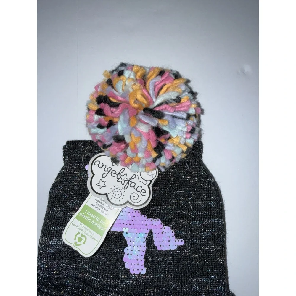 Angel Face Girls 3 Pc Winter Hat Scarf Gloves Set Unicorn Sequin Sparkle 4-6 NWT